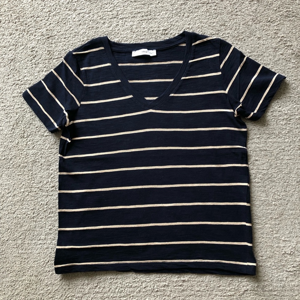 Mango Navy & Beige V-Neck Short Sleeve Tee.